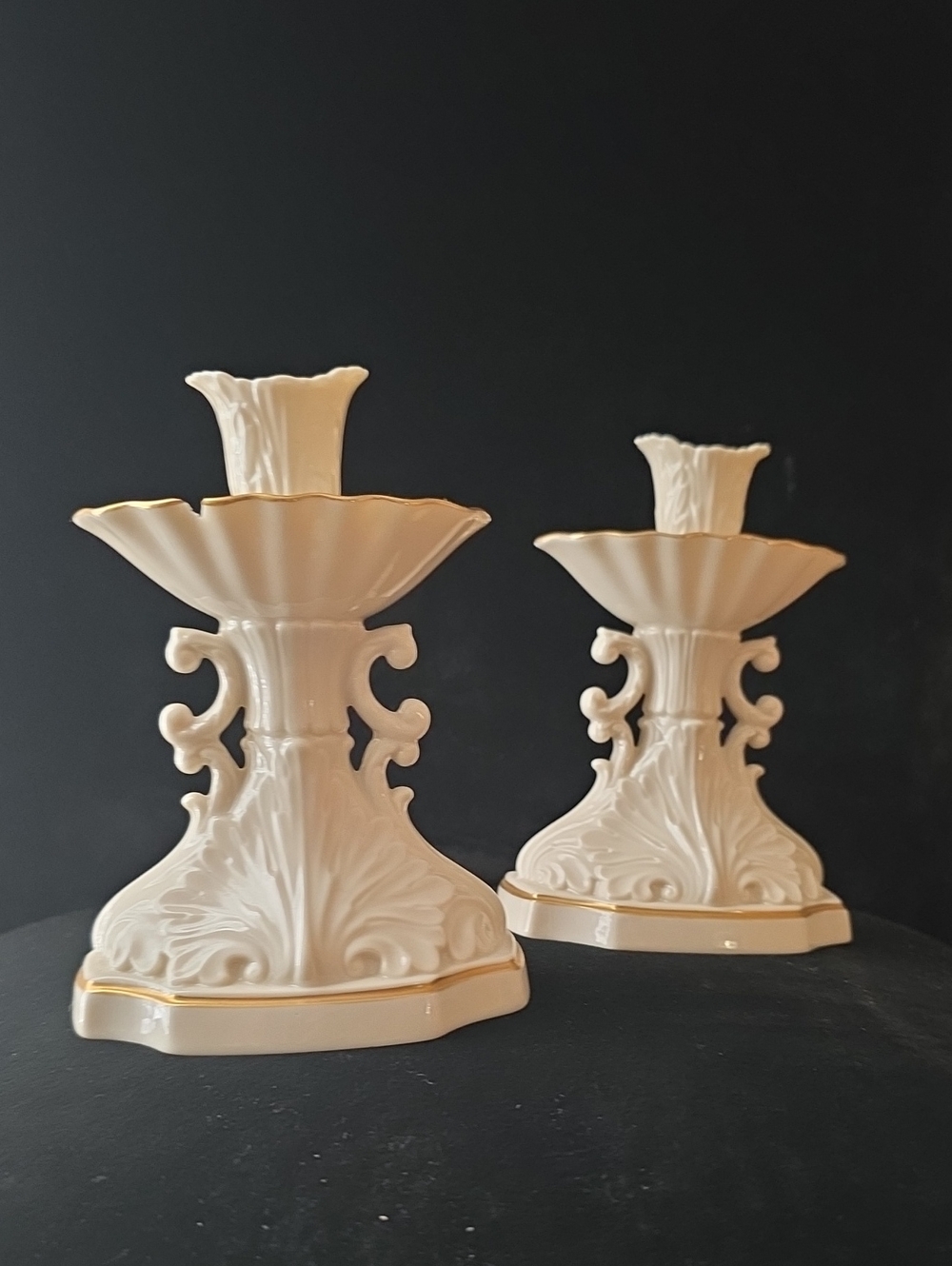 Lenox Cream Porcelain Candlestick Pair with Gold Accent